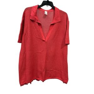 Pact Women's Red Open Knit Polo Sweater Top XXXL 3XL Organic Linen Cotton #L1-7